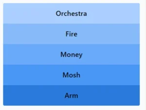 Orchestra, Fire, Money, Mosh, Arm